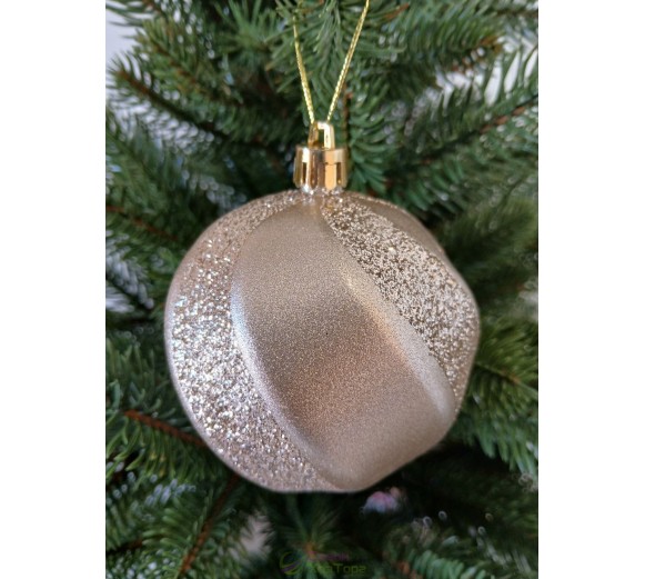 Новорічна куля в блискітках "Хвилька" Ø80мм бежева, ціна за набір 4шт